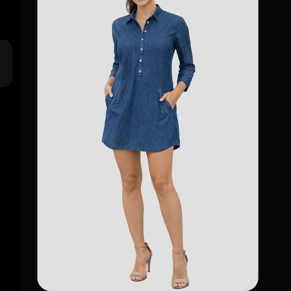 Joan‎ Vass Dark Wash Blue Denim Chambray 1/2 Button Mini Dress Blouse Size S